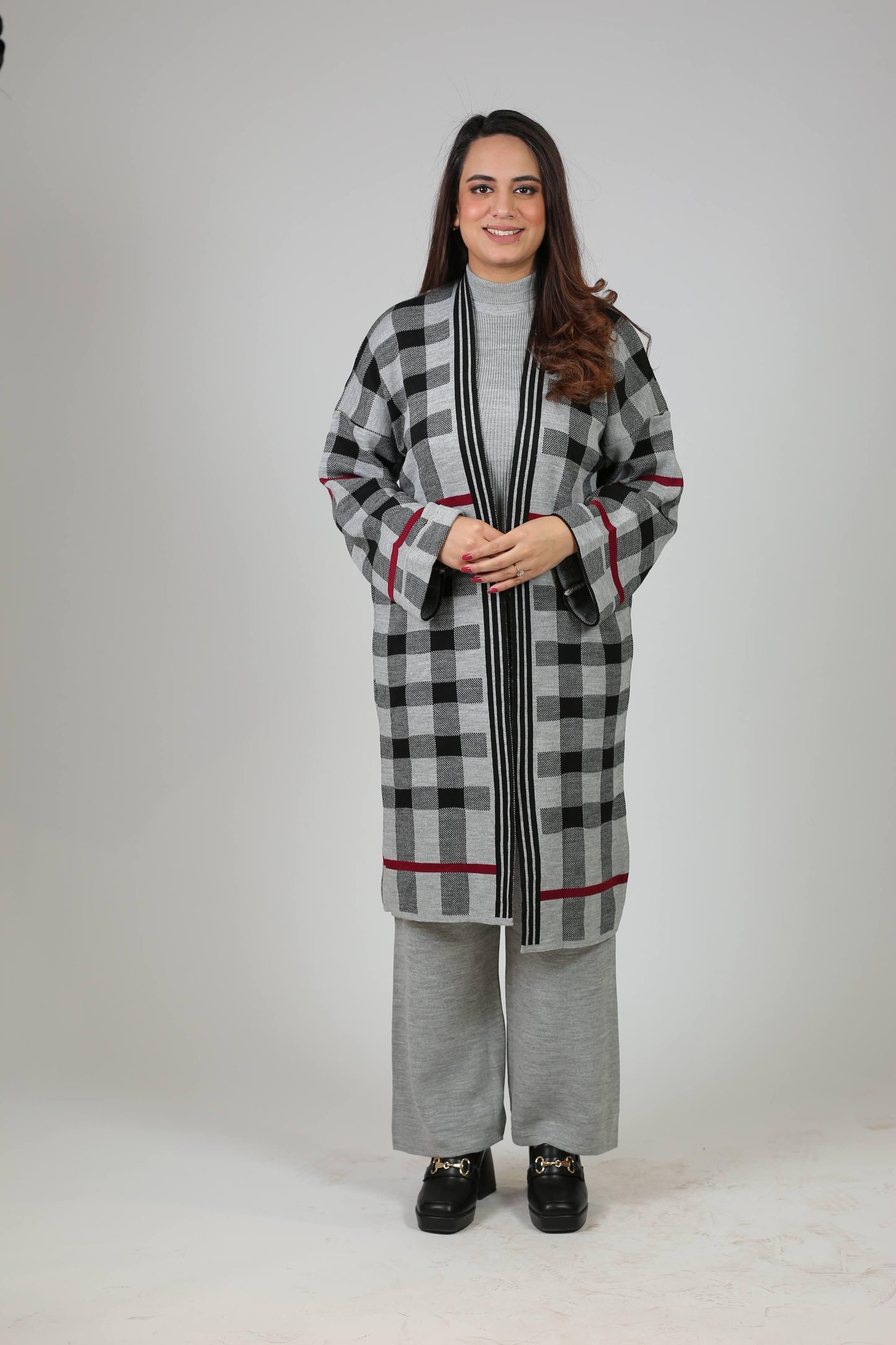 Co-Ord Set with Knee-len Cardigan 3PC check