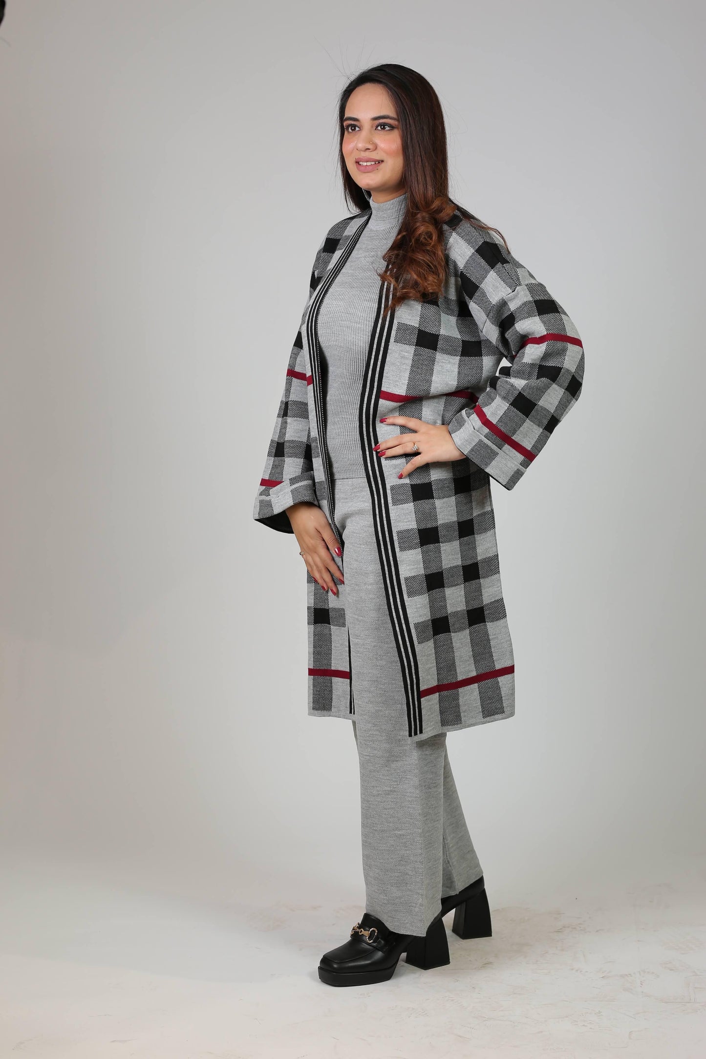 Co-Ord Set with Knee-len Cardigan 3PC check