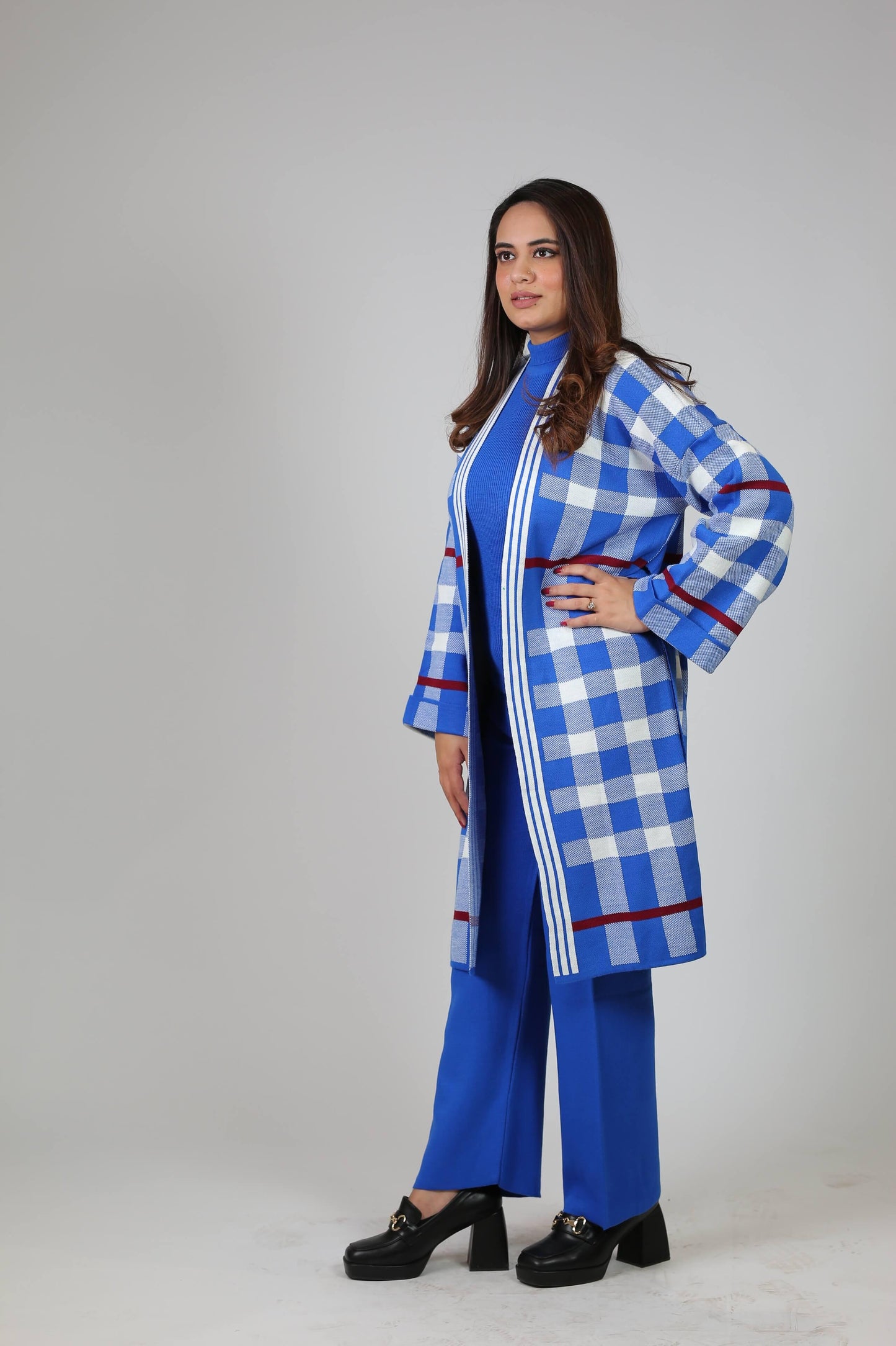 Co-Ord Set with Knee-len Cardigan 3PC check