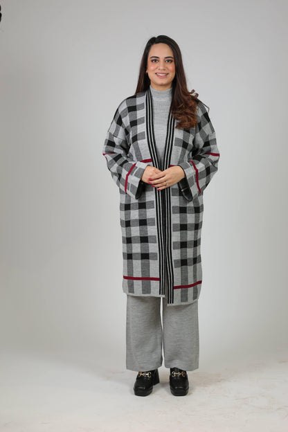 Co-Ord Set with Knee-len Cardigan 3PC check
