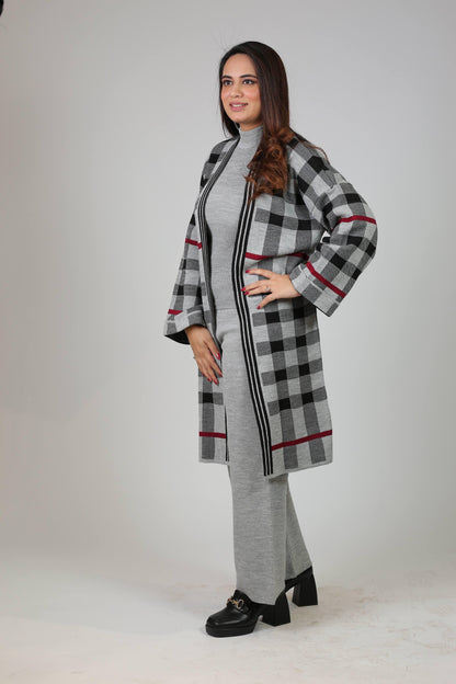 Co-Ord Set with Knee-len Cardigan 3PC check