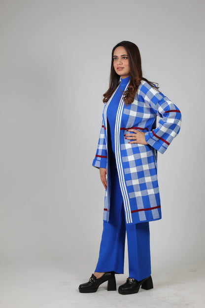 Co-Ord Set with Knee-len Cardigan 3PC check