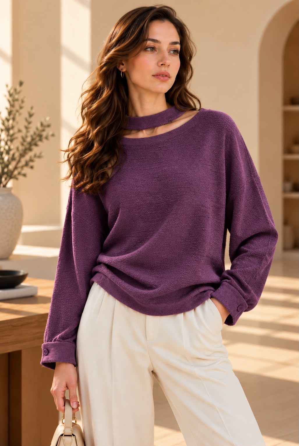 CUT-OUT NECK SWEAT SHIRT